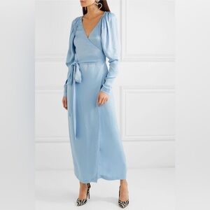 Rotate Elegant Blue Wrap Midi Dress, size 8, 100% Viscose, Wedding Guest Dress